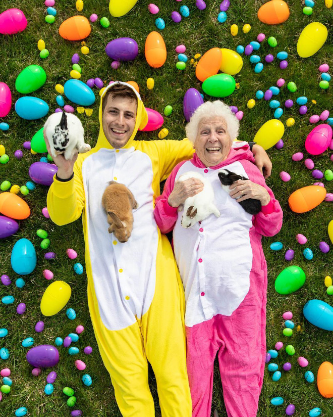 Funny grandma + grandson costume.