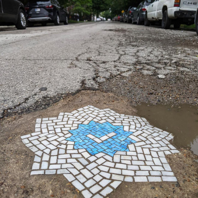 Pothole fixed with mosaic.