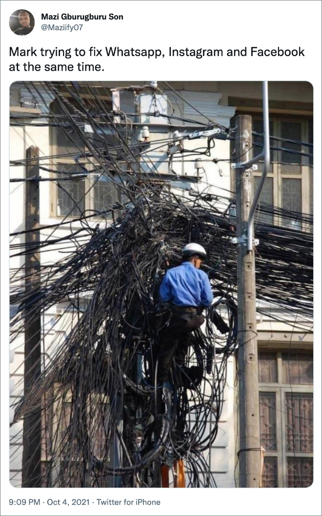 Mark trying to fix Whatsapp, Instagram and Facebook at the same time.
