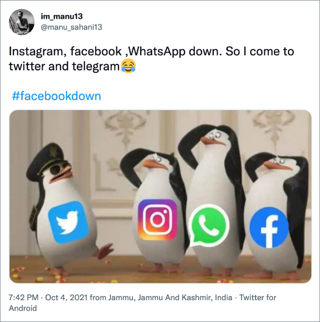 Instagram, facebook ,WhatsApp down. So I come to twitter and telegram :D