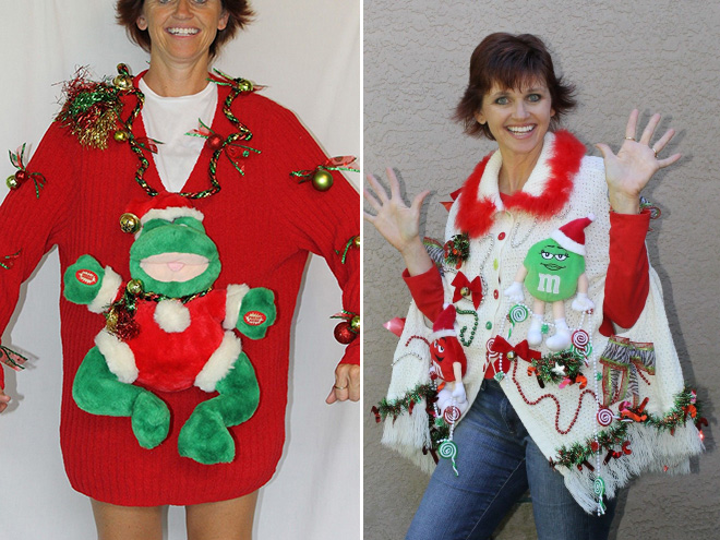 Ugly Christmas sweater with a crazy smile.