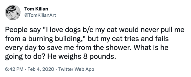 People say "I love dogs b/c my cat would never pull me from a burning building," but my cat tries and fails every day to save me from the shower. What is he going to do? He weighs 8 pounds.