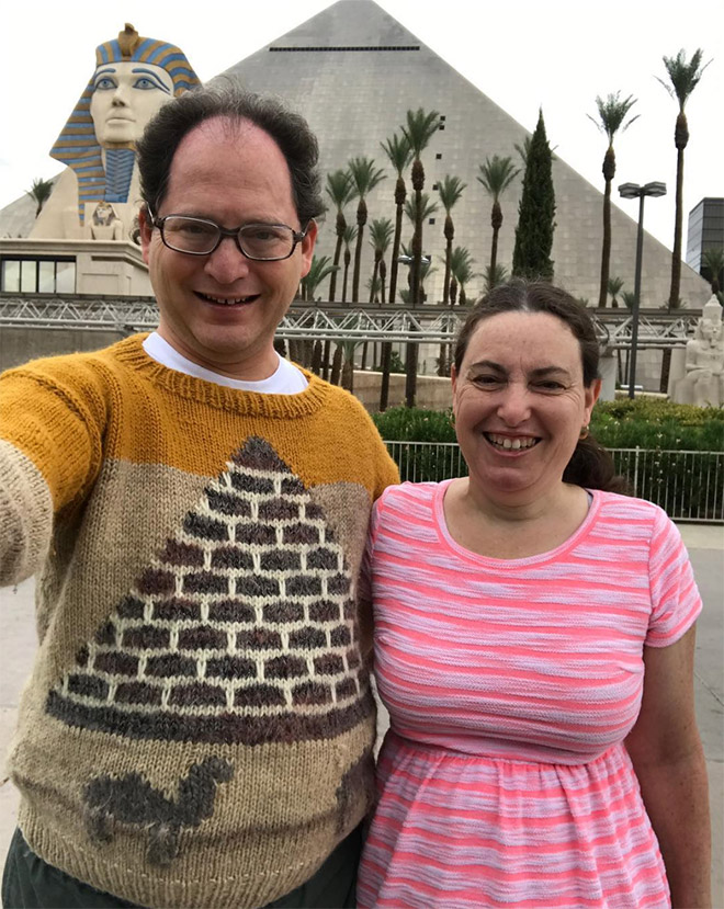 This guy wears matching sweater to the place he visits.