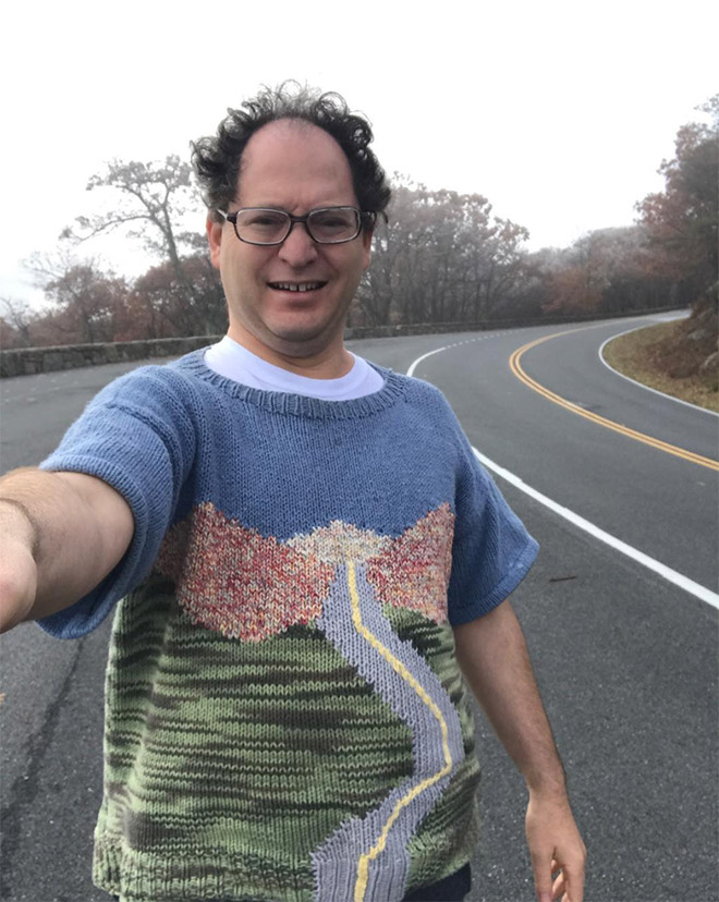 This guy wears matching sweater to the place he visits.