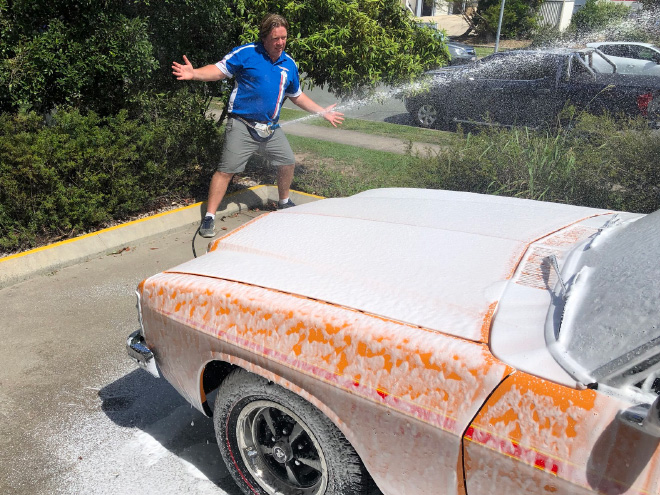 Crotch cannon car washing.