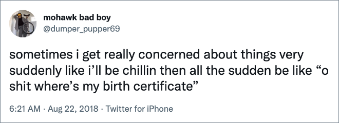 sometimes i get really concerned about things very suddenly like i’ll be chillin then all the sudden be like “o shit where’s my birth certificate”