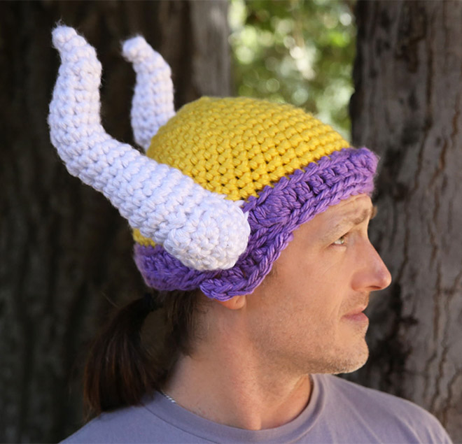 Colorful crocheted viking helmet.