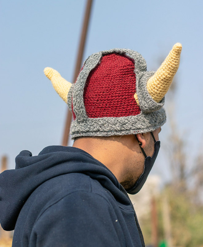 Crocheted viking helmet.