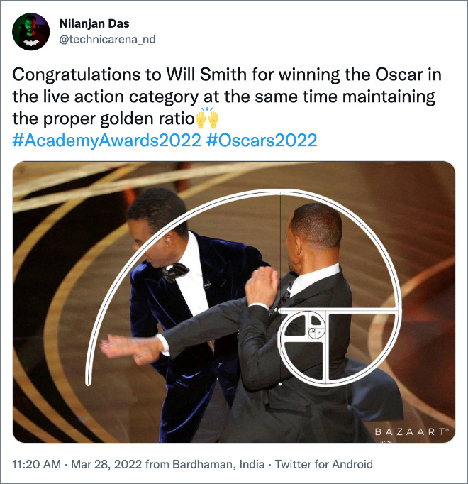 Congratulations to Will Smith for winning the Oscar in the live action category at the same time maintaining the proper golden ratio