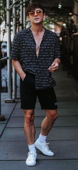 Black printed shirt paired with shorts & white shoes - Printed Shirt Combinationss for Men Black printed shirt paired with shorts & white shoes - Printed Shirt Combinationss for Men