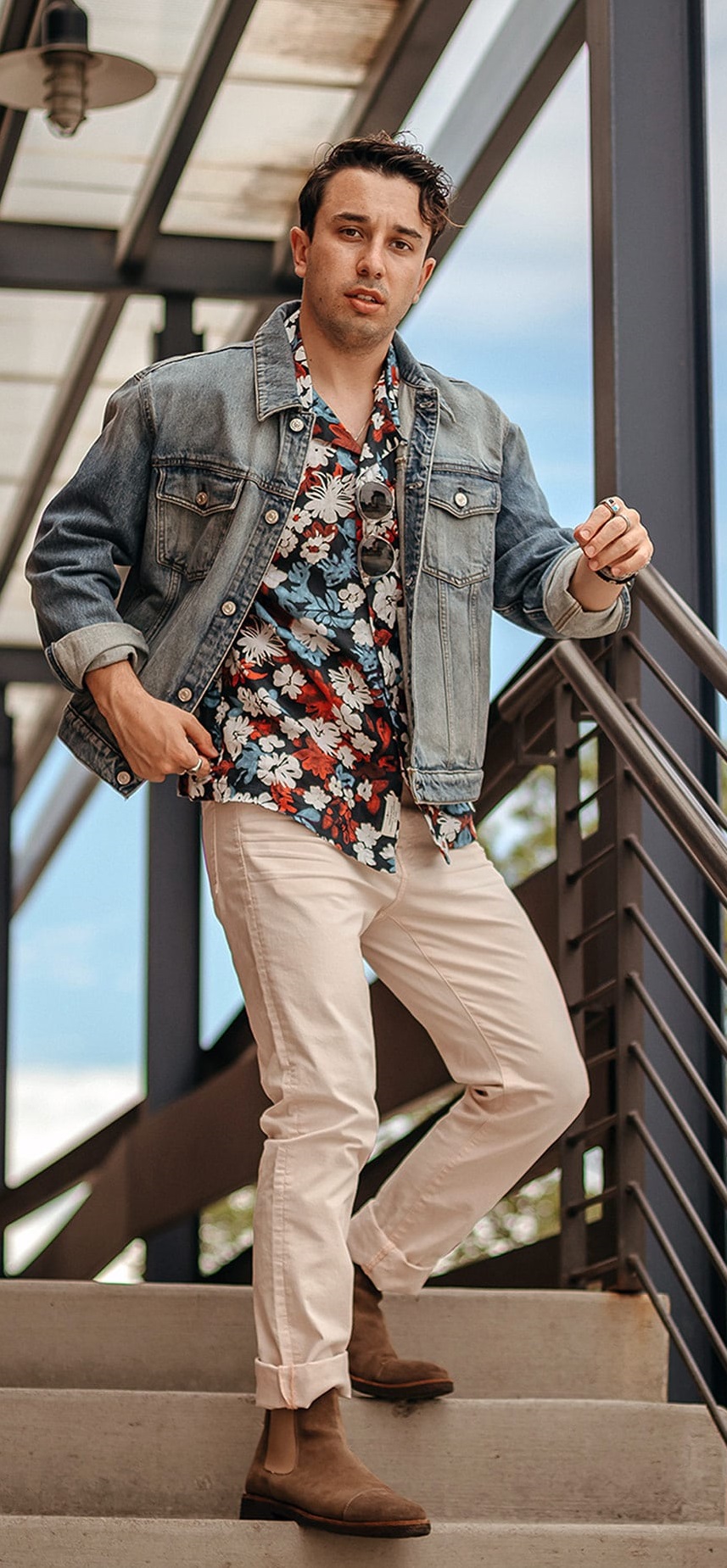 Denim jacket over a printed shirt and beige pant - Printed Shirt Combinationss for Men