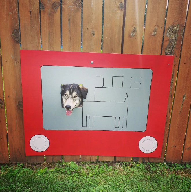 Funny dog fence window art.