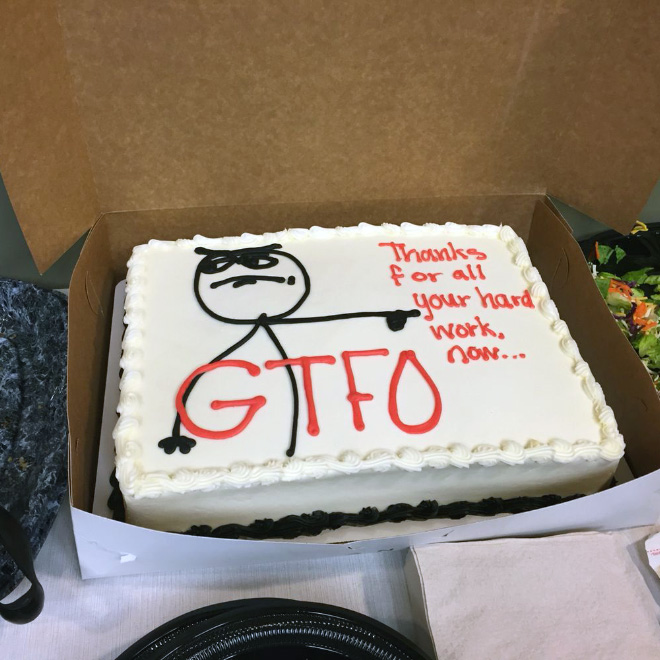 Hilariously rude farewell cake.