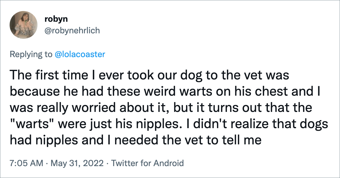 The first time I ever took our dog to the vet was because he had these weird warts on his chest and I was really worried about it, but it turns out that the "warts" were just his nipples. I didn't realize that dogs had nipples and I needed the vet to tell me