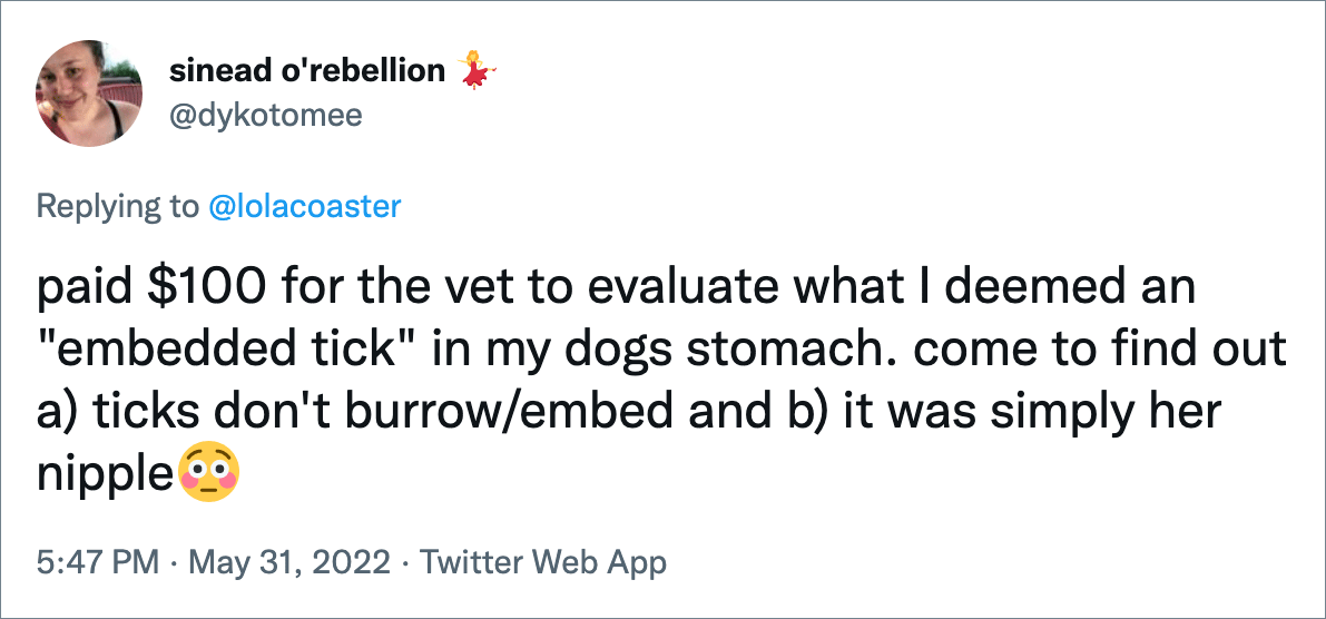 paid $100 for the vet to evaluate what I deemed an "embedded tick" in my dogs stomach. come to find out a) ticks don't burrow/embed and b) it was simply her nipple