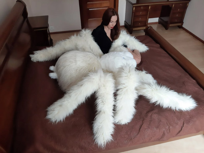 Giant white stuffed tarantula toy.