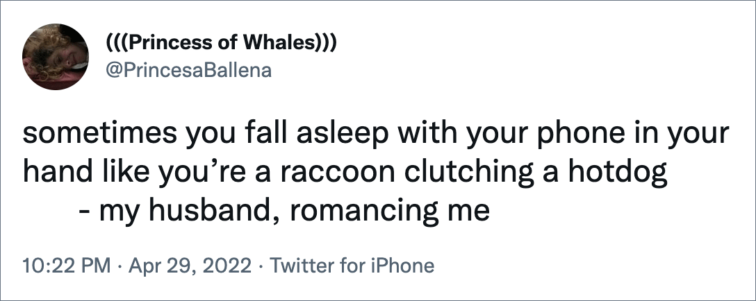 sometimes you fall asleep with your phone in your hand like you’re a raccoon clutching a hotdog - my husband, romancing me