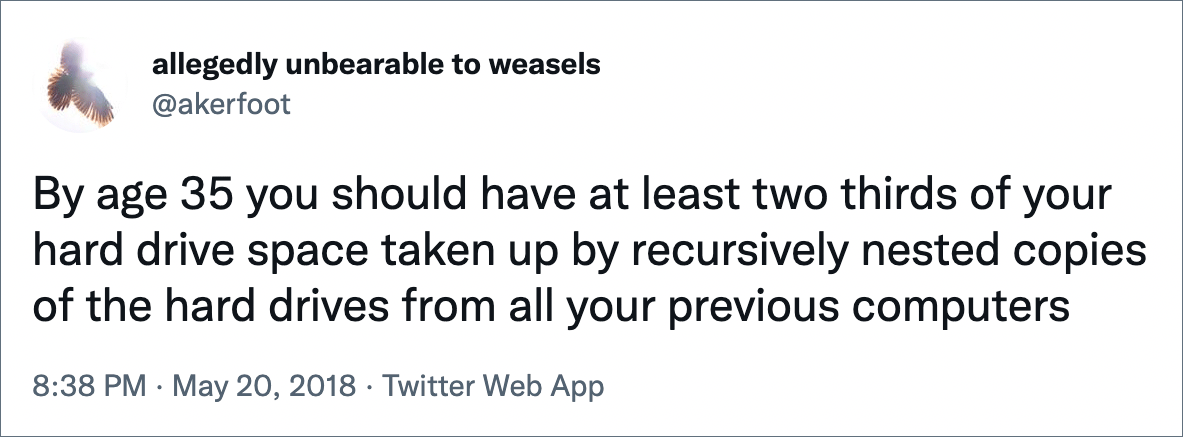 By age 35 you should have at least two thirds of your hard drive space taken up by recursively nested copies of the hard drives from all your previous computers