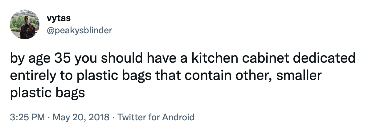 by age 35 you should have a kitchen cabinet dedicated entirely to plastic bags that contain other, smaller plastic bags