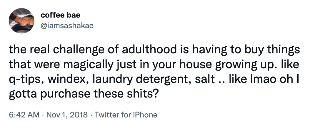 the real challenge of adulthood is having to buy things that were magically just in your house growing up. like q-tips, windex, laundry detergent, salt .. like lmao oh I gotta purchase these shits?