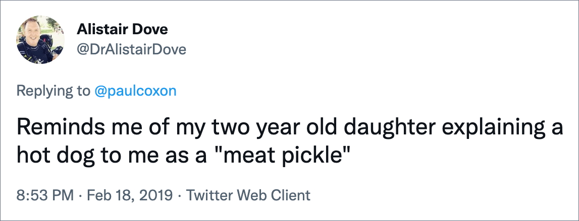 Reminds me of my two year old daughter explaining a hot dog to me as a "meat pickle"