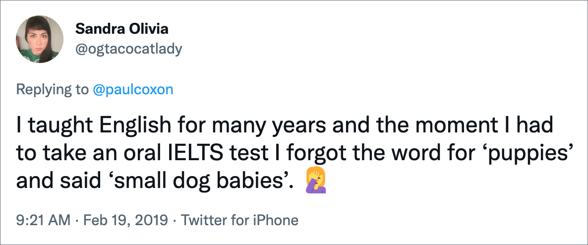 I taught English for many years and the moment I had to take an oral IELTS test I forgot the word for ‘puppies’ and said ‘small dog babies’.