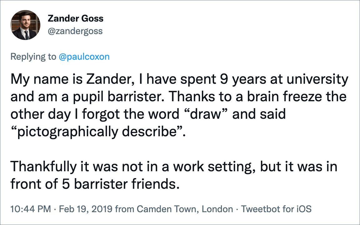 My name is Zander, I have spent 9 years at university and am a pupil barrister. Thanks to a brain freeze the other day I forgot the word “draw” and said “pictographically describe”. Thankfully it was not in a work setting, but it was in front of 5 barrister friends.