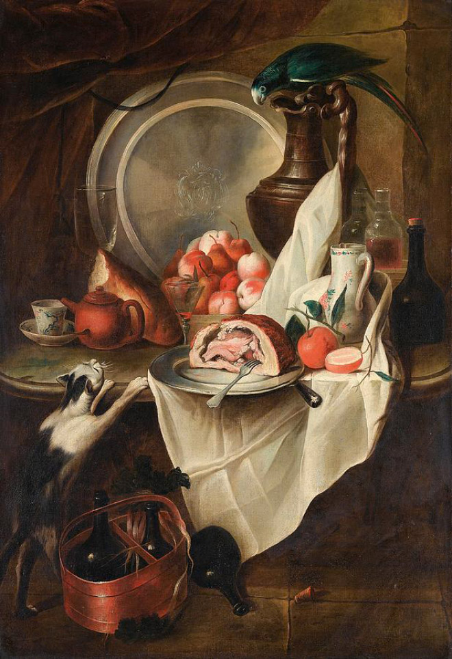 Still Life With Fruits And Ham With a Cat And a Parrot by Alexandre-François Desportes, 18th century