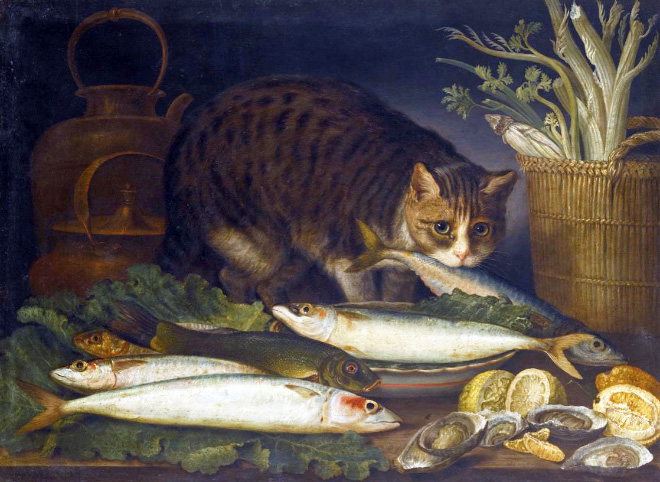Still Life With a Cat And a Mackerel On a Table Top by Giovanni Rivalta, 18th century