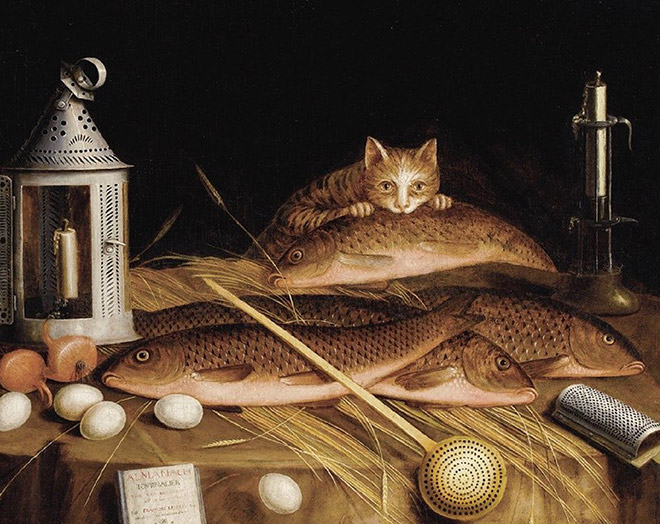 Kitchen Still Life With Fish And Cat by Sebastian Stoskopff, 1650
