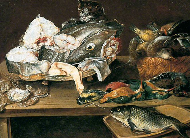 Still Life With Fish And a Cat by Alexander Adriaenssen, 1631