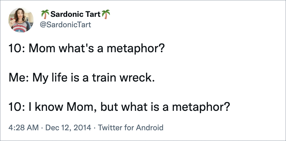 10: Mom what's a metaphor? Me: My life is a train wreck. 10: I know Mom, but what is a metaphor?