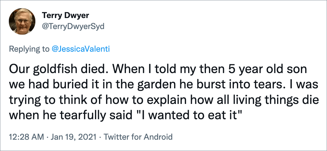 Our goldfish died. When I told my then 5 year old son we had buried it in the garden he burst into tears. I was trying to think of how to explain how all living things die when he tearfully said "I wanted to eat it"