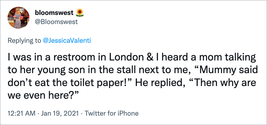 I was in a restroom in London & I heard a mom talking to her young son in the stall next to me, “Mummy said don’t eat the toilet paper!” He replied, “Then why are we even here?”