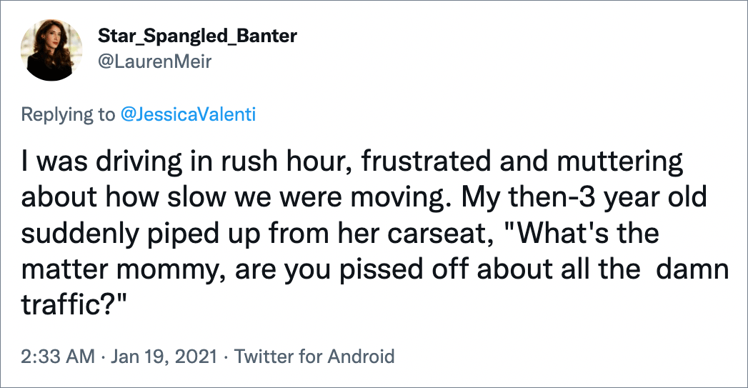 I was driving in rush hour, frustrated and muttering about how slow we were moving. My then-3 year old suddenly piped up from her carseat, "What's the matter mommy, are you pissed off about all the damn traffic?"