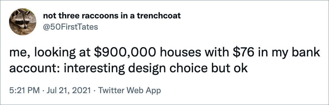 me, looking at $900,000 houses with $76 in my bank account: interesting design choice but ok
