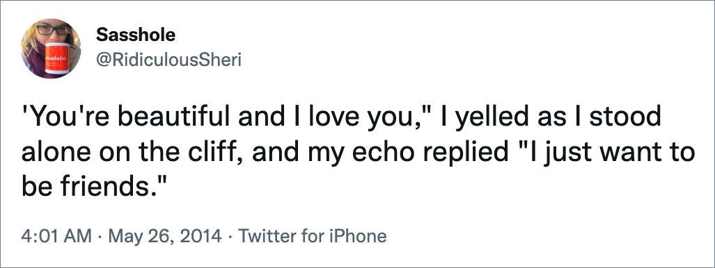 'You're beautiful and I love you," I yelled as I stood alone on the cliff, and my echo replied "I just want to be friends."