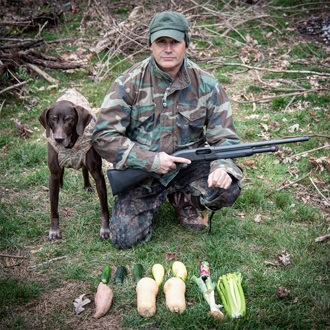 Vegan hunter posing with his trophies.