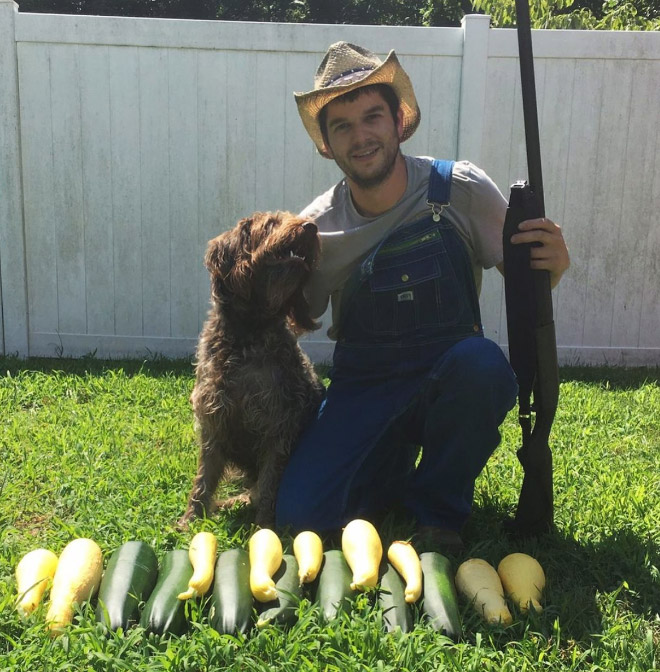 Vegan hunter posing with his trophies.