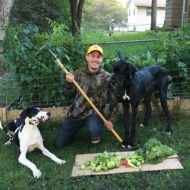 Vegan hunter posing with his trophies.