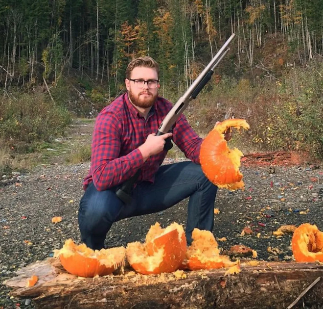 Vegan hunter posing with his trophies.