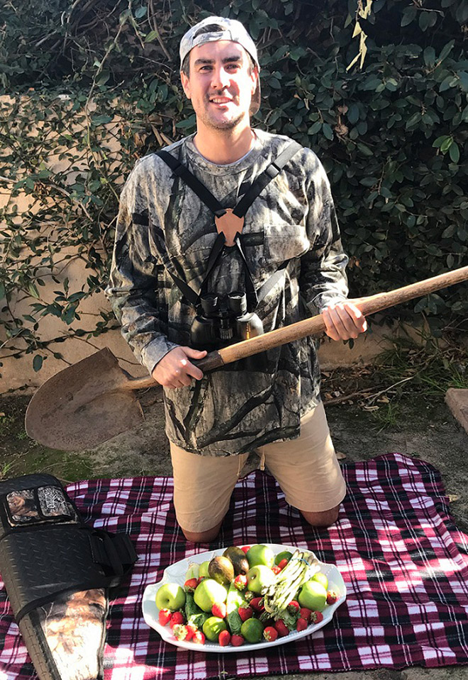 Vegan hunter posing with his trophies.