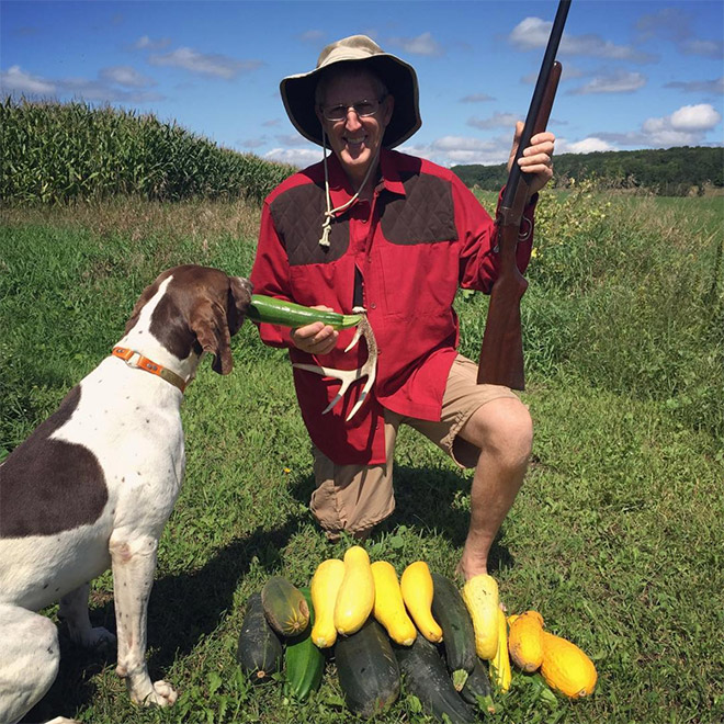 Vegan hunter posing with his trophies.