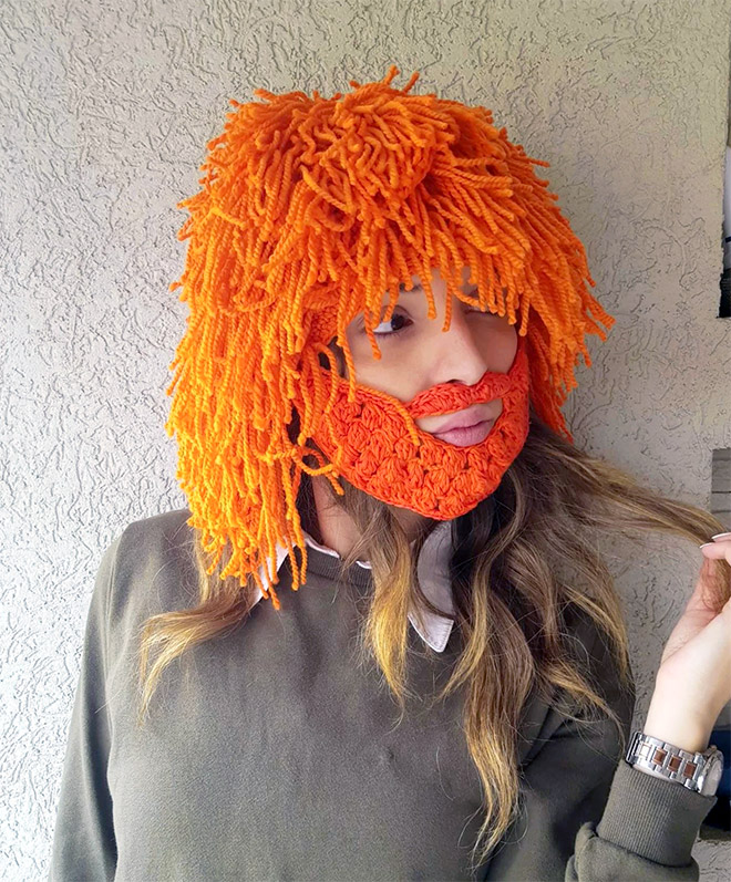 Crocheted orange beard.