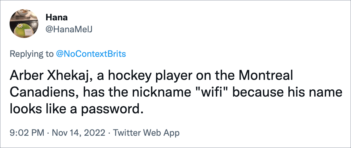 Arber Xhekaj, a hockey player on the Montreal Canadiens, has the nickname "wifi" because his name looks like a password.
