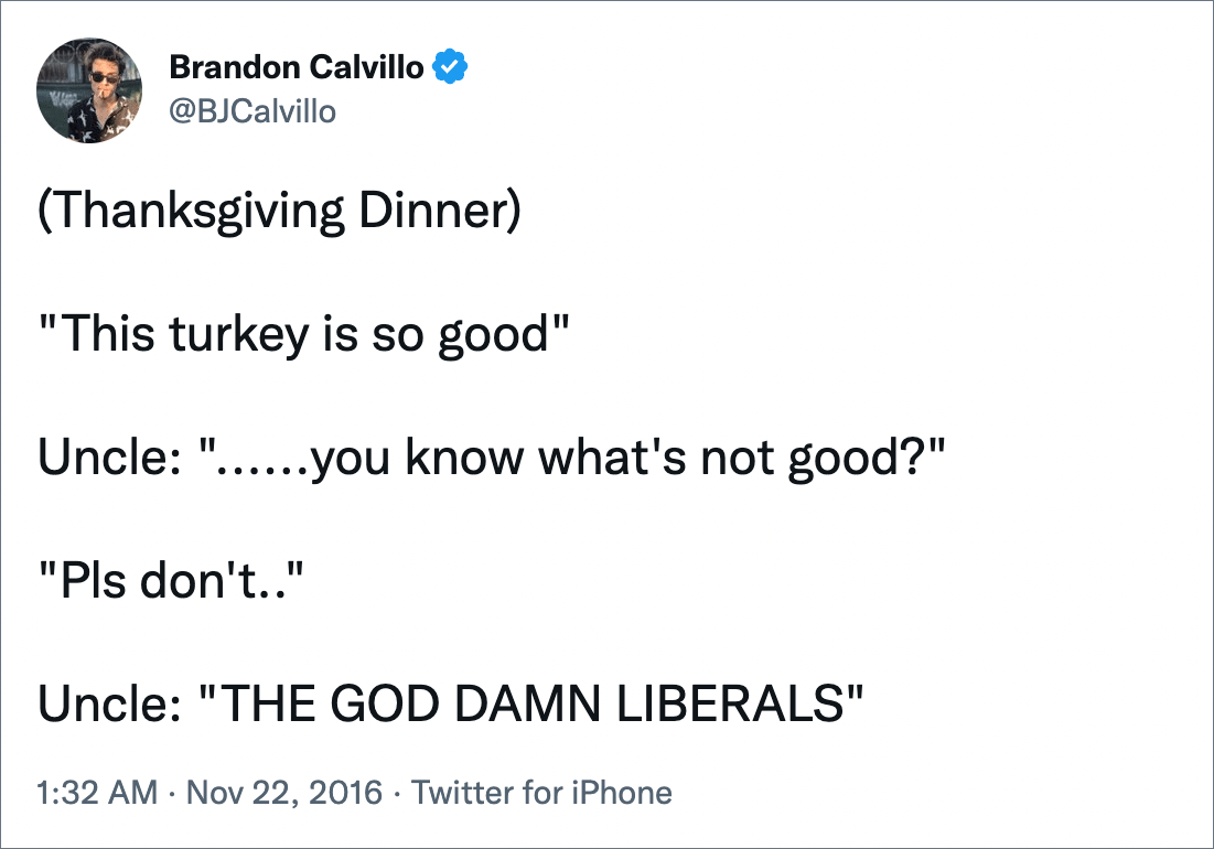 (Thanksgiving Dinner) "This turkey is so good" Uncle: "......you know what's not good?" "Pls don't.." Uncle: "THE GOD DAMN LIBERALS"