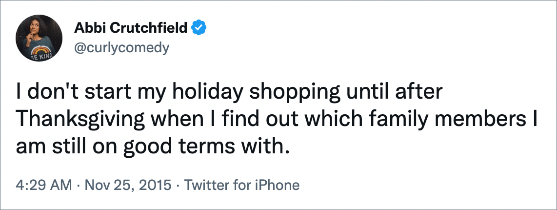 I don't start my holiday shopping until after Thanksgiving when I find out which family members I am still on good terms with.