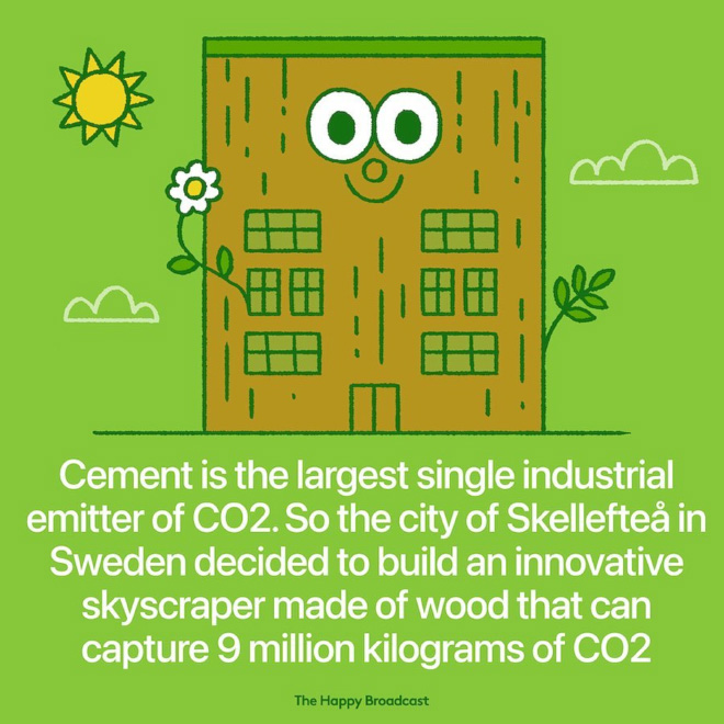 The city of Skelleftea in Sweden is now home to a 20 storeys (75 meters) tall skyscraper that will capture and store vast quantities of CO2 from the atmosphere.  Construction called for 12,000 cubic meters (~423,776 cubic feet) of timber harvested from local forests and is an attempt to move away from carbon-intensive building materials, such as cement – the world's largest industrial CO2 emitter. In addition to not emitting any carbon dioxide into the air, the wooden structure is projected to capture as much as 9,000 metric tons of CO2 throughout its lifetime.