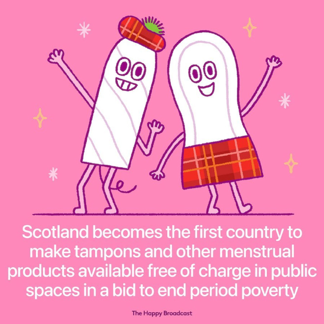 Period products, including tampons and sanitary pads, are now free of cost in Scotland to anyone who needs them. Research has shown that a lack of access to period products can cause women and girls to miss school or work. Menstrual products will be available in places like pharmacies and community centers.