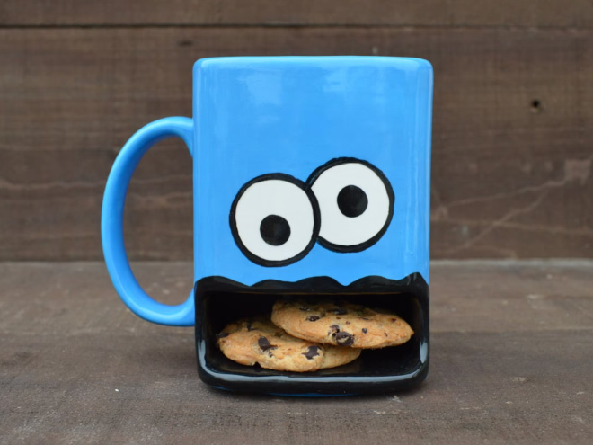 Coffee mug with a cookie slot.